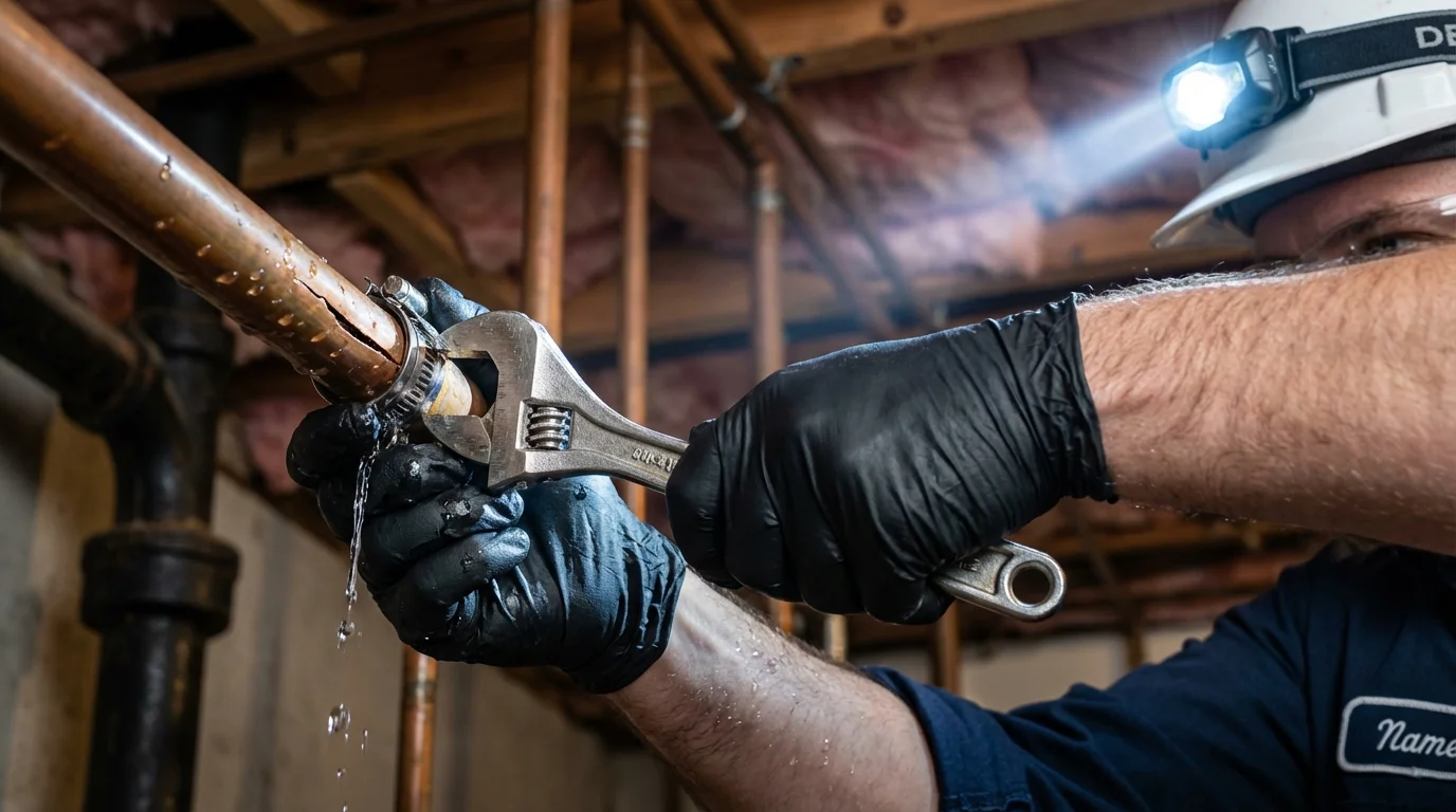 Emergency pipe clamp repair being performed by a Johns Plumbing LLC plumber in Hanover