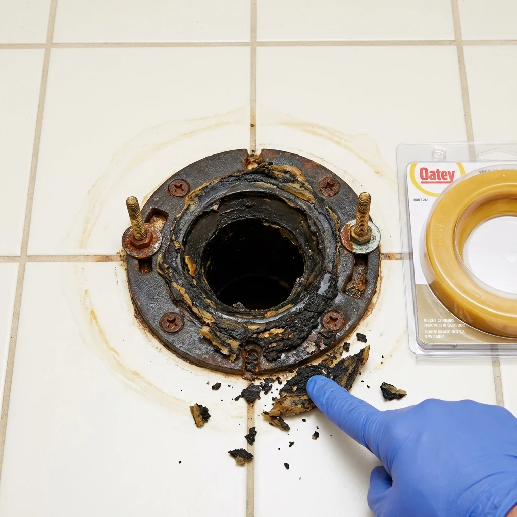 Failed wax ring showing water seepage at the base of a toilet in a Hanover, MA home