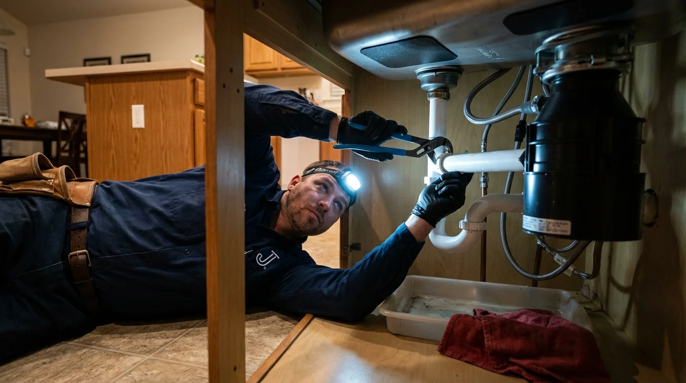 P-trap and supply line connections under a kitchen sink showing a common leak point in Hanover, MA